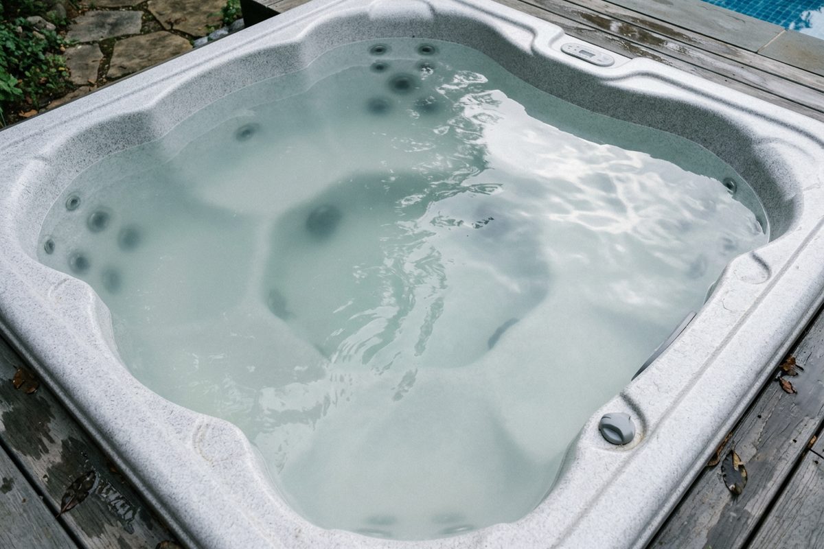 Cloudy hot tub water with a milky haze under the jets