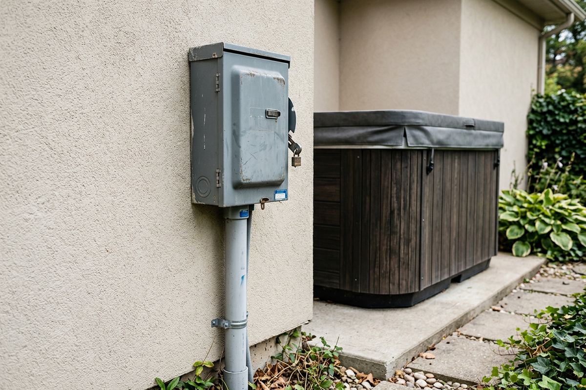 Outdoor GFCI disconnect box that meets hot tub electrical requirements, mounted near a hot tub