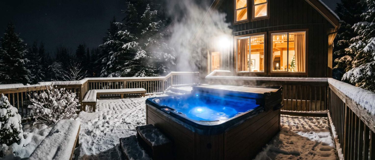Hot tub in the snow at night, where cold air adds to how long a hot tub takes to heat up