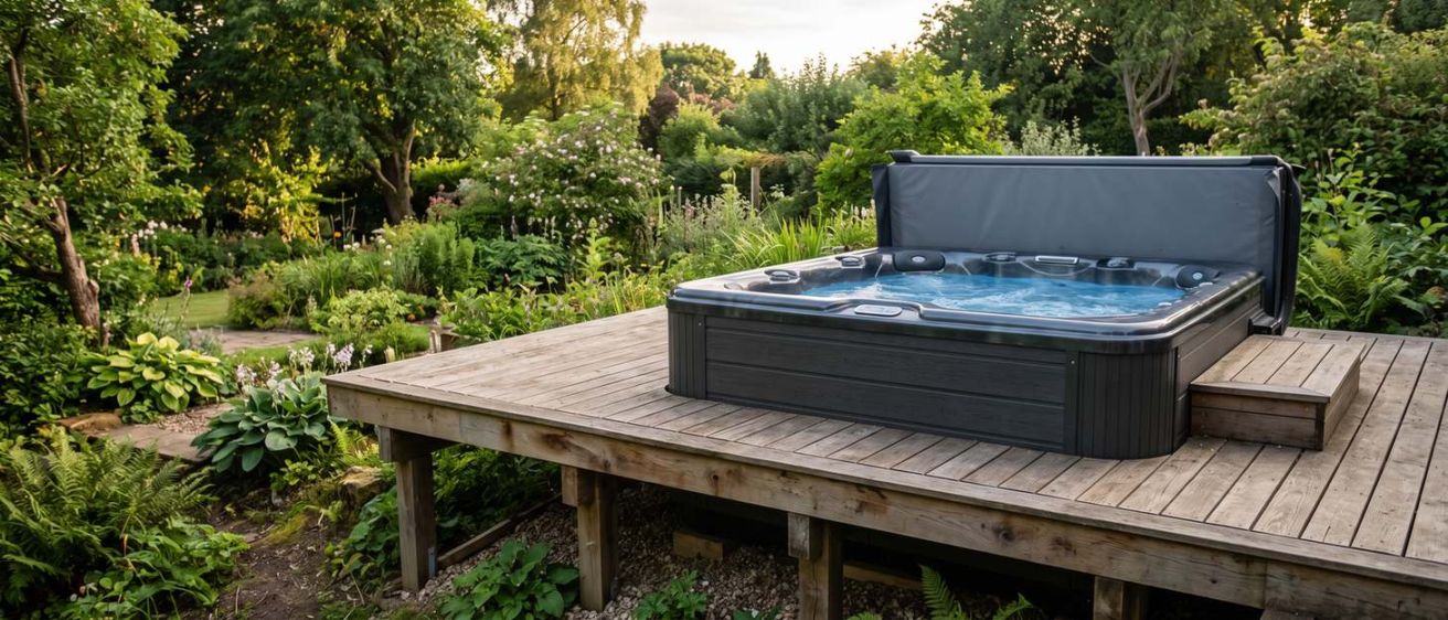 A full hot tub sitting on a wooden deck, which has to carry all of its weight