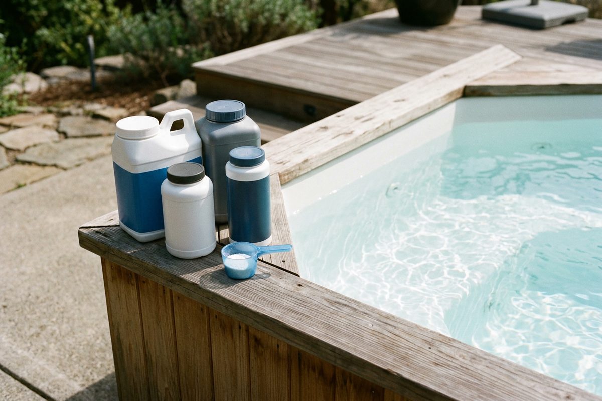 Hot tub startup chemicals and test strips set out beside a freshly filled hot tub