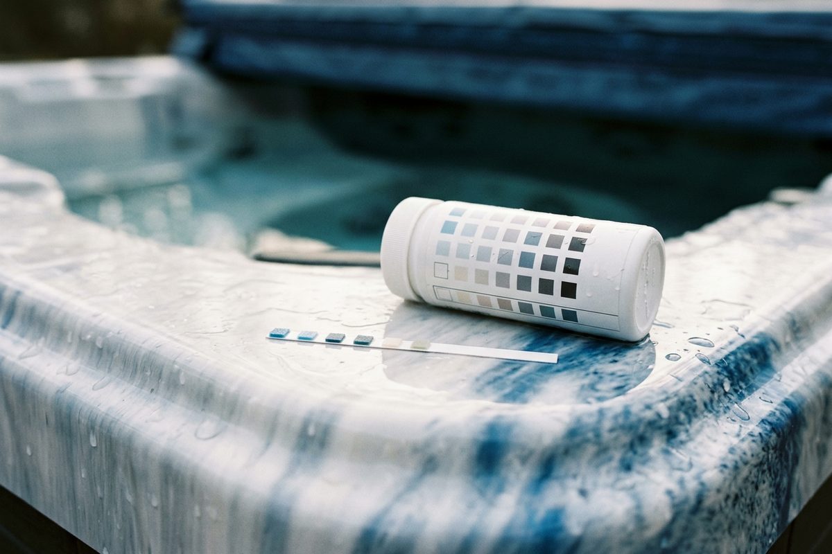 Hot tub test strips held next to the color chart on the bottle