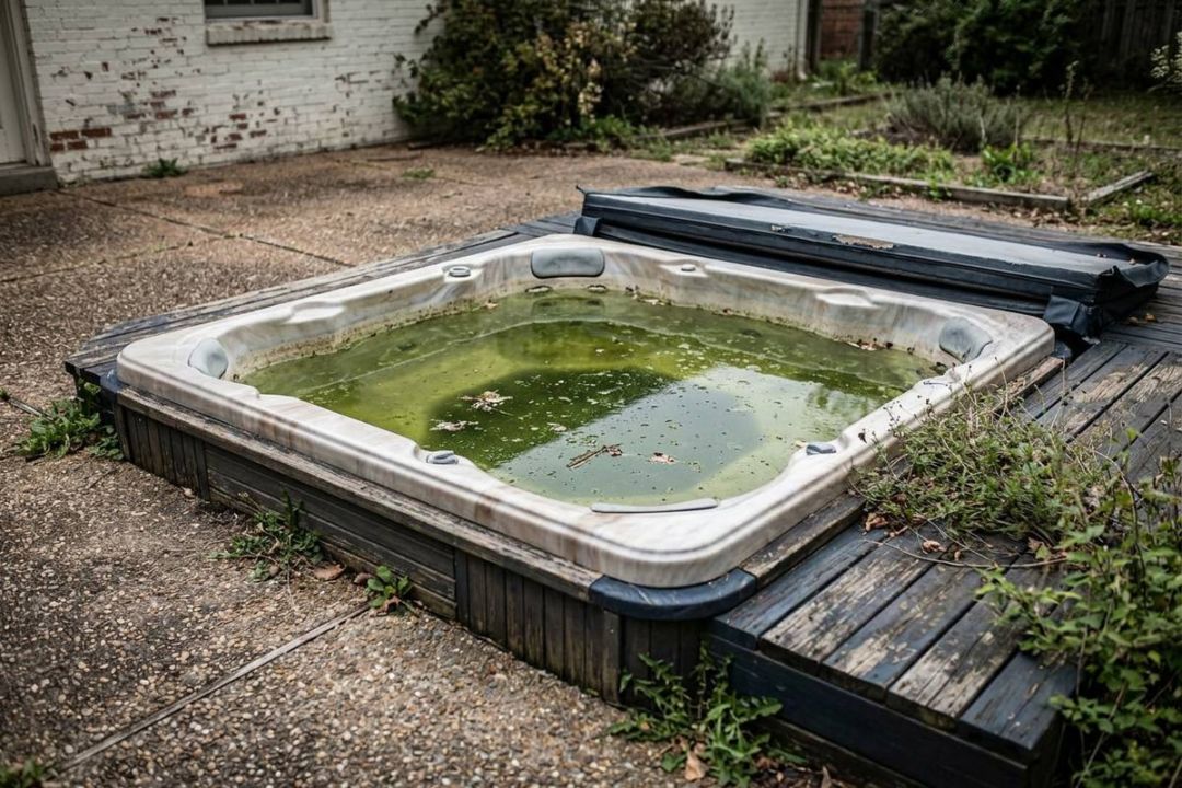 Hot tub water green from algae, seen from above the open tub