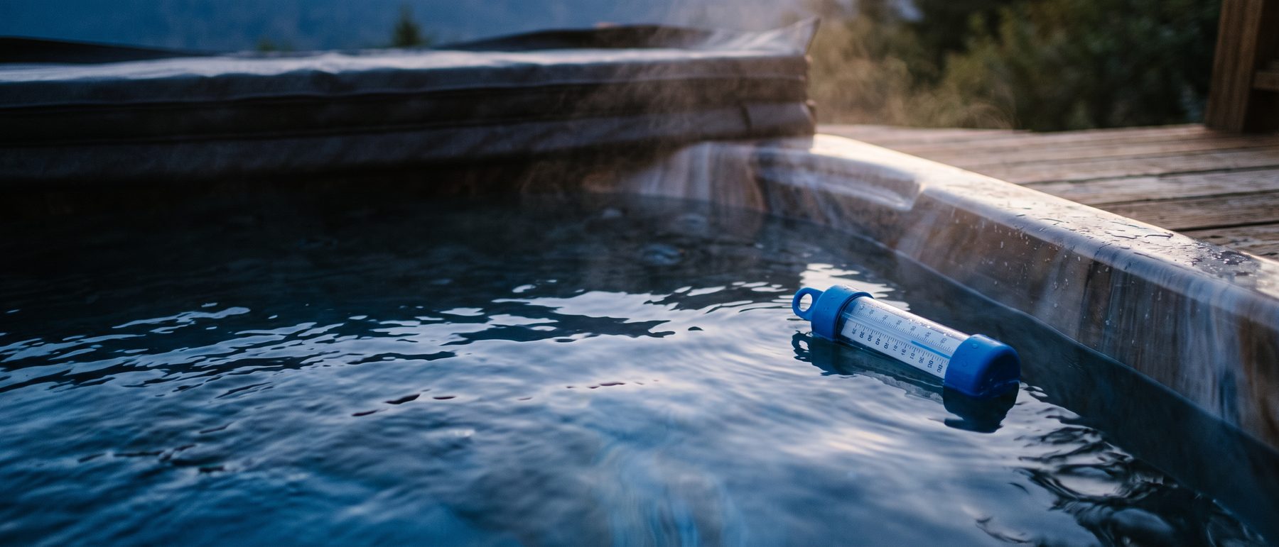 Floating thermometer showing the hot tub temperature of the water at dusk