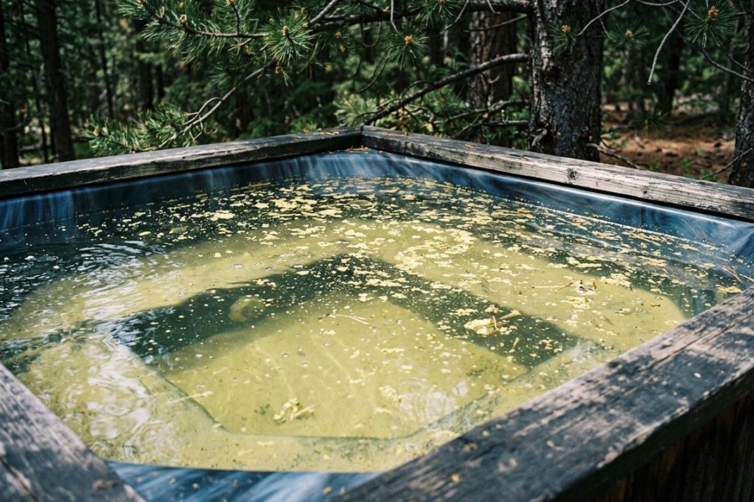 Hot tub water yellow from pine pollen floating on the surface