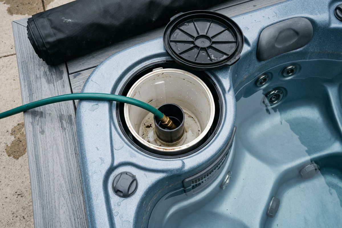 Refilling a hot tub after draining it, with the garden hose pushed into the filter well