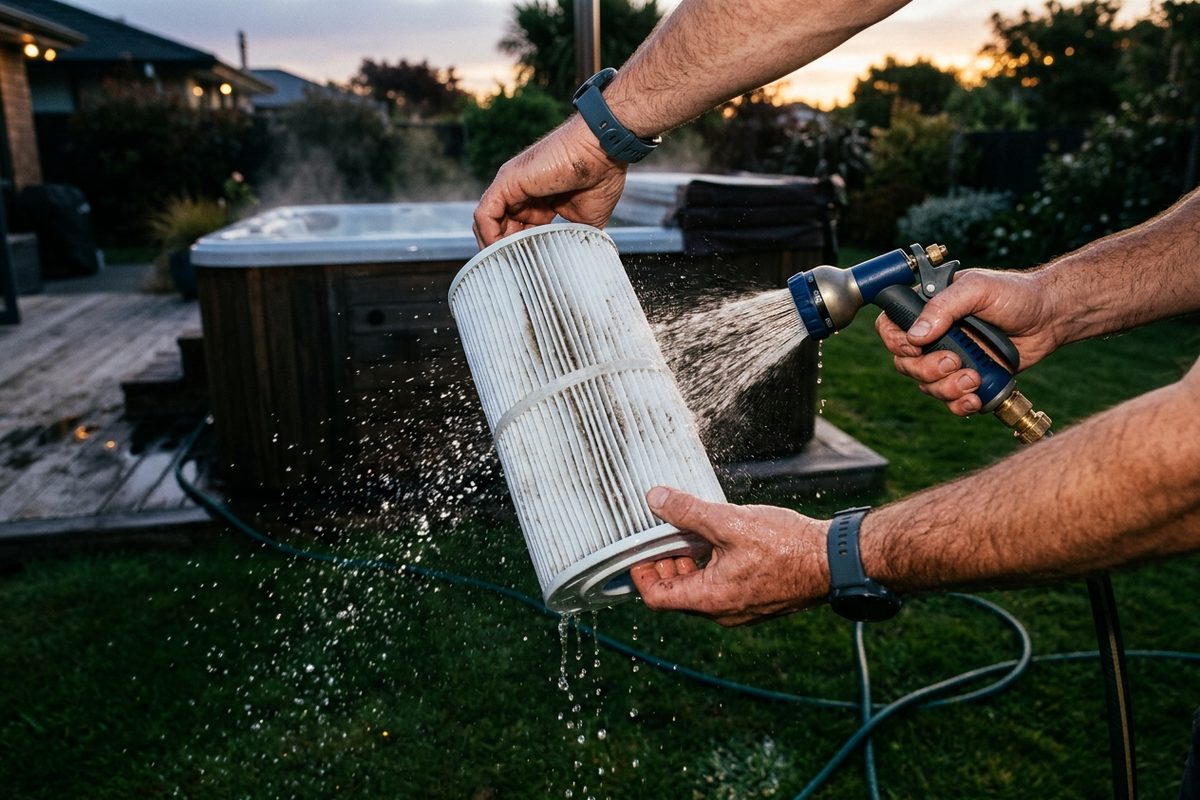 Rinsing a hot tub filter with a hose so the part number on the end cap shows before you measure its size